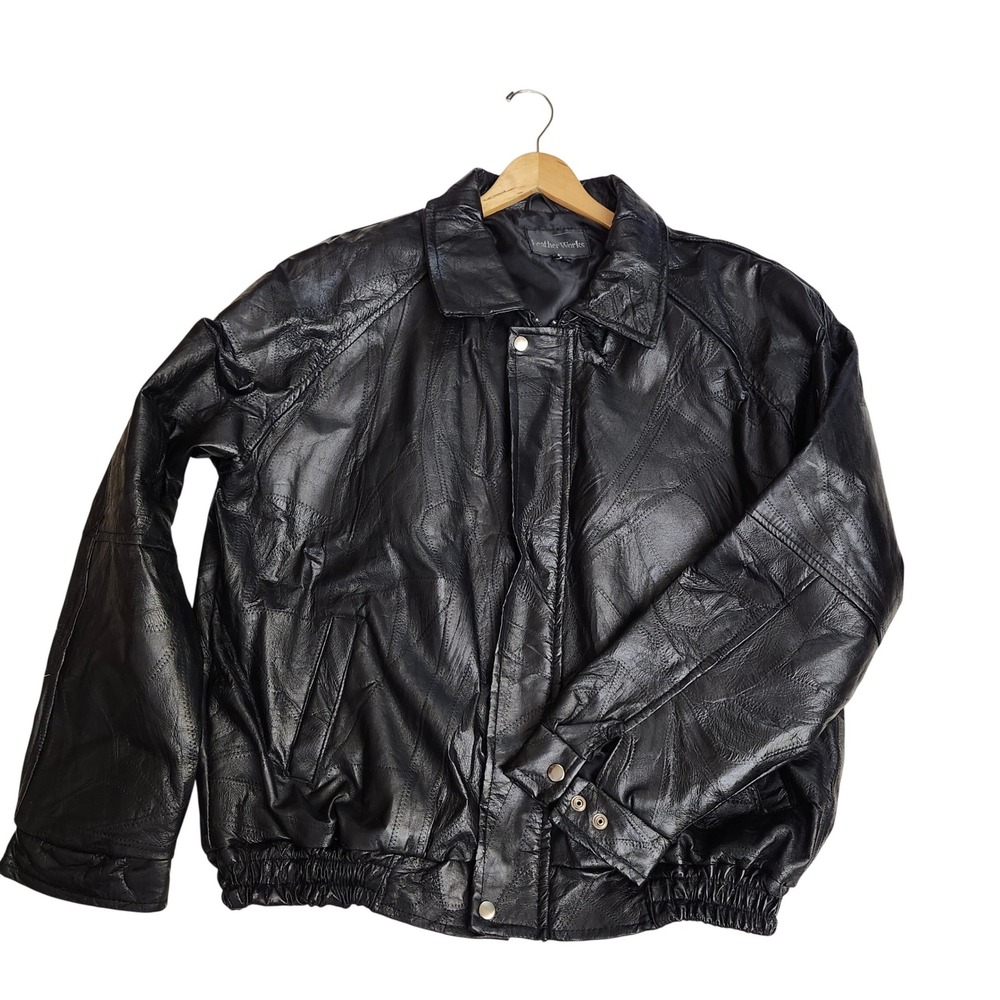 Leather Works Mens XXL Black‎ Patchwork Leather Bomber Jacket Vintage Biker Coat